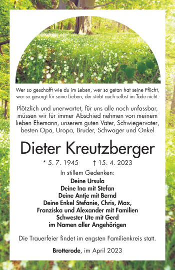 Traueranzeige von Dieter Kreuzberger von Südthüringer Presse