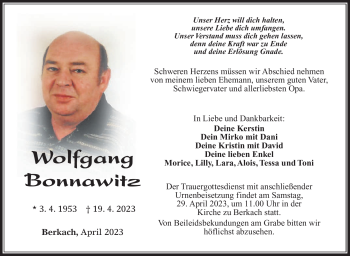 Traueranzeige von Wolfgang Bonnawitz von Südthüringer Presse