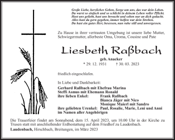 Traueranzeige von Liesbeth Raßbach von Südthüringer Presse