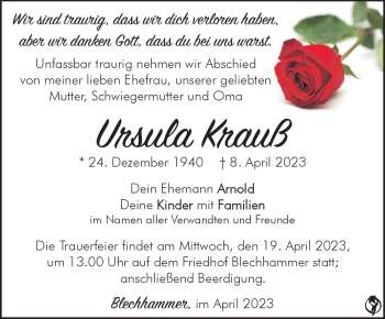 Traueranzeige von Ursula Krauß von Südthüringer Presse
