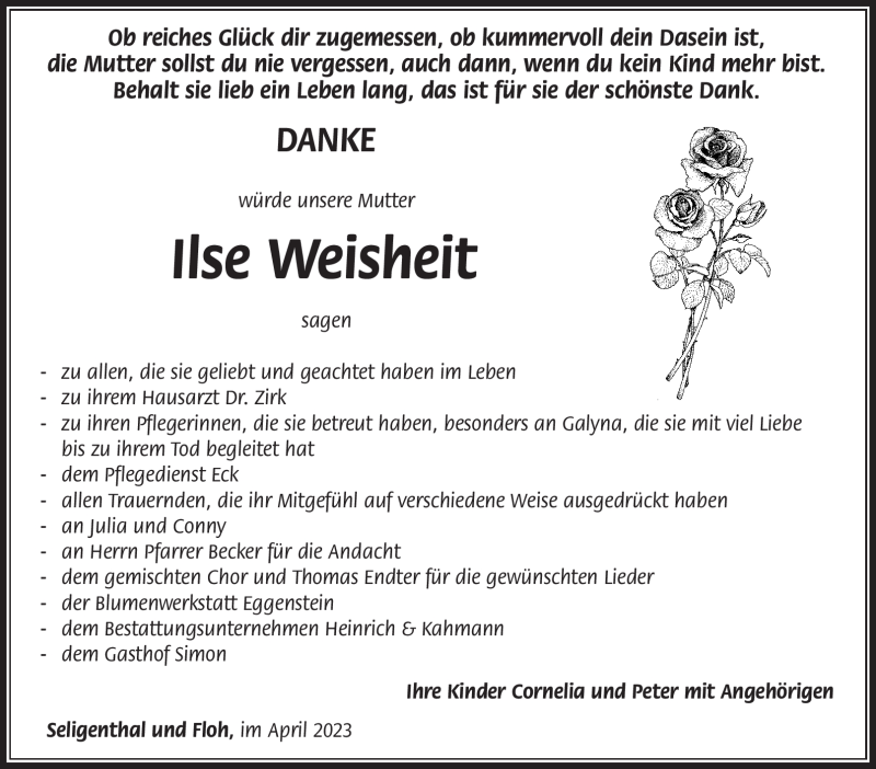  Traueranzeige für Ilse Weisheit vom 08.04.2023 aus Südthüringer Presse