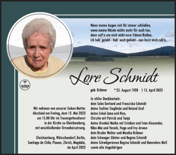Traueranzeige von Lore Schmidt von Südthüringer Presse