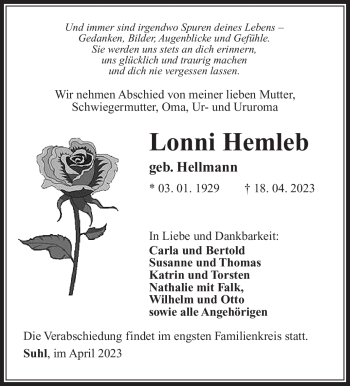 Traueranzeige von Lonni Hemlob von Südthüringer Presse