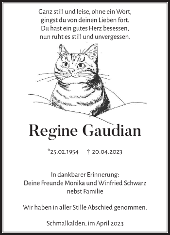 Traueranzeige von Regine Gaudian von Südthüringer Presse