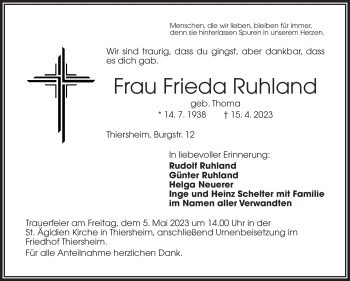 Traueranzeige von Frieda Ruhland von Frankenpost
