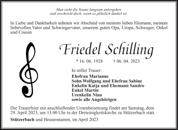 Traueranzeige von Friedel Schilling von Südthüringer Presse