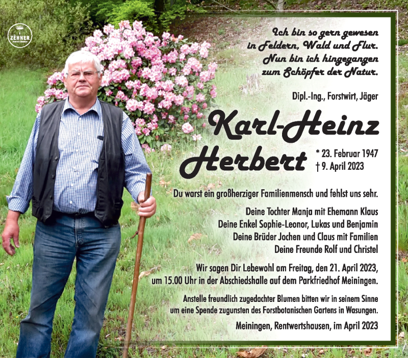  Traueranzeige für Karl-Heinz Herbert vom 15.04.2023 aus Südthüringer Presse