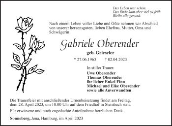 Traueranzeige von Gabriele Oberender von Südthüringer Presse