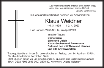 Traueranzeige von Klaus Weidner von Frankenpost