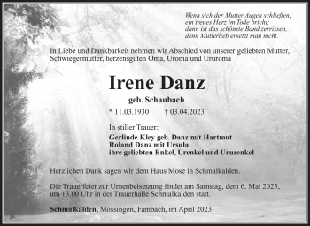 Traueranzeige von Irene Danz von Südthüringer Presse