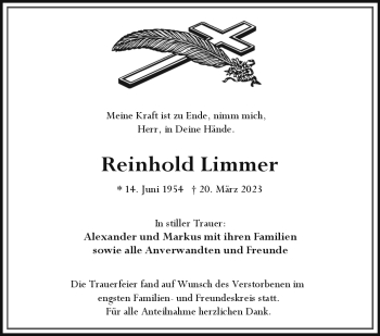 Traueranzeige von Reinhold Limmer von Frankenpost