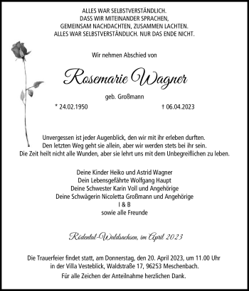Traueranzeige von Rosemarie Wagner von Neue Presse Coburg