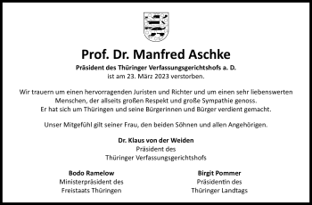 Traueranzeige von Manfred Aschke von Südthüringer Presse