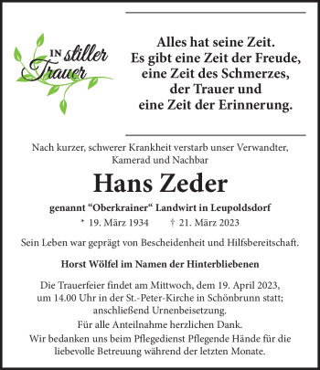 Traueranzeige von Hans Zeder von Frankenpost