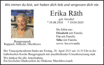 Traueranzeige von Erika Räth von Neue Presse Coburg