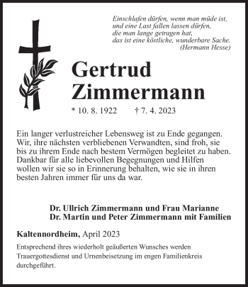 Traueranzeige von Gertrud Zimmermann von Südthüringer Presse