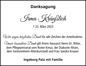 Traueranzeige von Irma Kräußlich von Neue Presse Coburg
