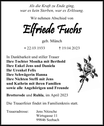 Traueranzeige von Elfriede Fuchs von Südthüringer Presse