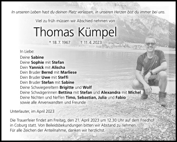 Traueranzeige von Thomas Kümpel von Neue Presse Coburg
