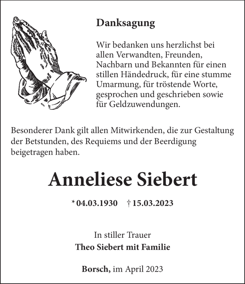  Traueranzeige für Anneliese Siebert vom 01.04.2023 aus Südthüringer Presse