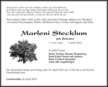 Traueranzeige von Marleni Stecklum von Südthüringer Presse