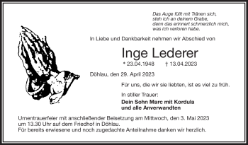 Traueranzeige von Inge Lederer von Frankenpost