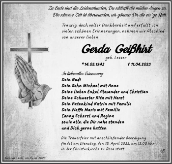 Traueranzeige von Gerda Geißhirt von Südthüringer Presse