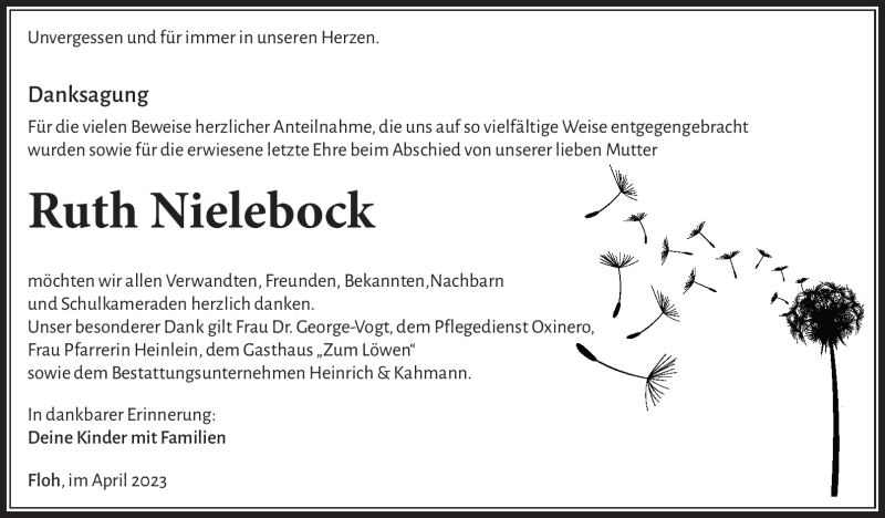  Traueranzeige für Ruth Nielebock vom 29.04.2023 aus Südthüringer Presse