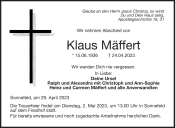 Traueranzeige von Klaus Mäffert von Neue Presse Coburg