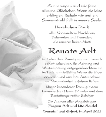 Traueranzeige von Renate Arlt von Südthüringer Presse