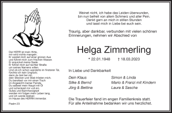 Traueranzeige von Helga Zimmerling von Frankenpost