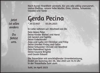 Traueranzeige von Gerda Pecina von Südthüringer Presse