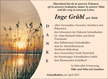 Traueranzeige von Inge Grübl von Südthüringer Presse