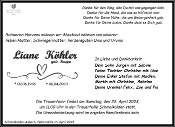 Traueranzeige von Liane Köhler von Südthüringer Presse