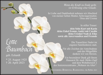 Traueranzeige von Lotte Baumbach von Südthüringer Presse
