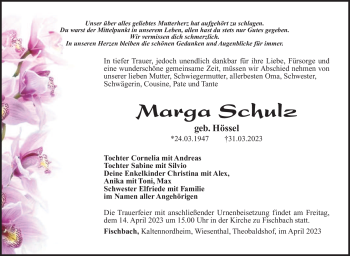 Traueranzeige von Marga Schulz von Südthüringer Presse