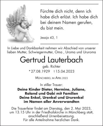 Traueranzeige von Gertrud Lauterbach von Frankenpost