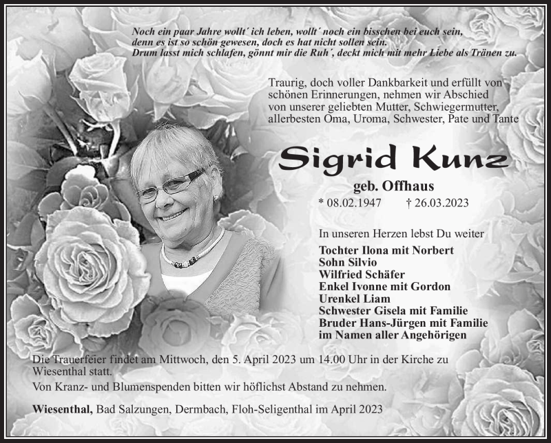  Traueranzeige für Sigrid Kunz vom 01.04.2023 aus Südthüringer Presse