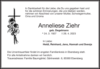 Traueranzeige von Anneliese Ziehr von Frankenpost