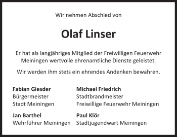 Traueranzeige von Olaf Linser von Südthüringer Presse