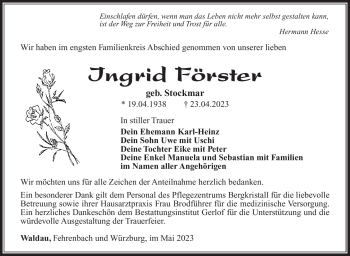 Traueranzeige von Ingrid Förster von Südthüringer Presse