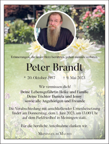 Traueranzeige von Peter Brandt von Südthüringer Presse