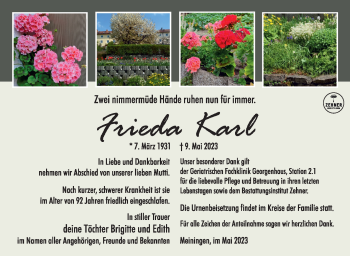 Traueranzeige von Frieda Karl von Südthüringer Presse