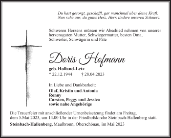Traueranzeige von Doris Hofmann von Südthüringer Presse