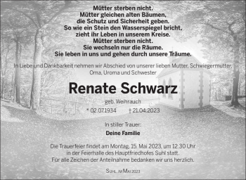 Traueranzeige von Renate Schwarz von Südthüringer Presse