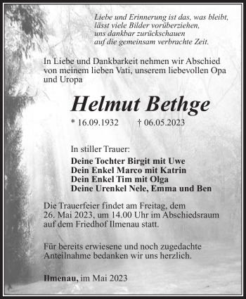 Traueranzeige von Helmut Bethge von Südthüringer Presse