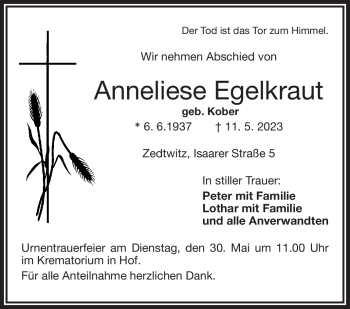 Traueranzeige von Anneliese Egelkraut von Frankenpost