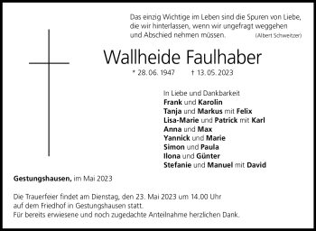 Traueranzeige von Wallheide Faulhaber von Neue Presse Coburg