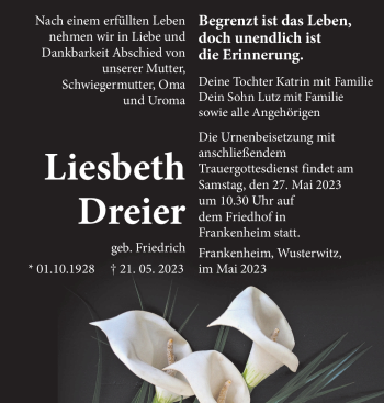 Traueranzeige von Liesbeth Dreier von Südthüringer Presse