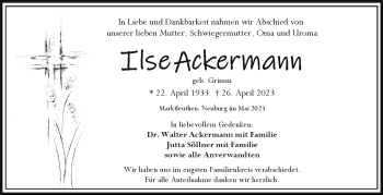 Traueranzeige von Ilse Ackermann von Frankenpost